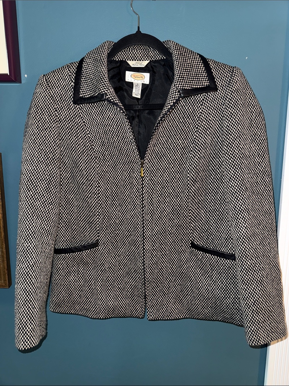 Talbots Black and White Tweed Zip Blazer with Black Trim